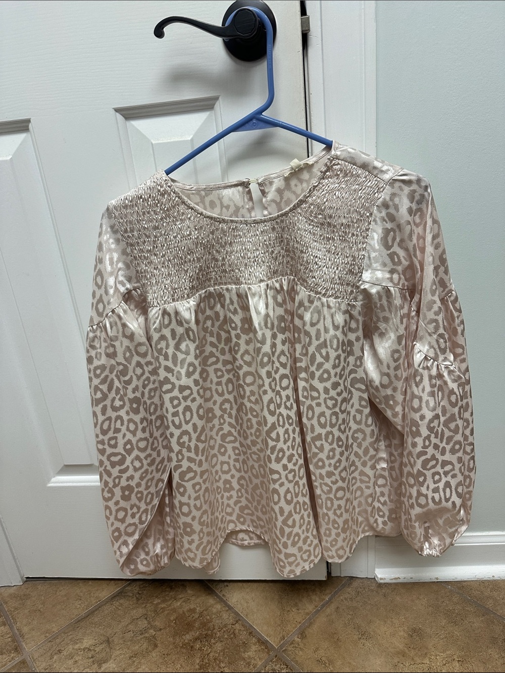 Satin Leopard Smocked Yoke Blouse in Blush